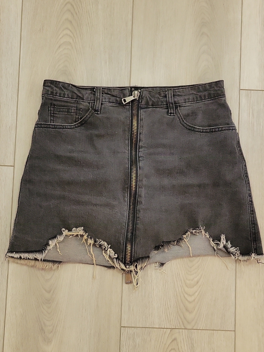 Lira Black Washed Denim Mini Skirt with Front Zip